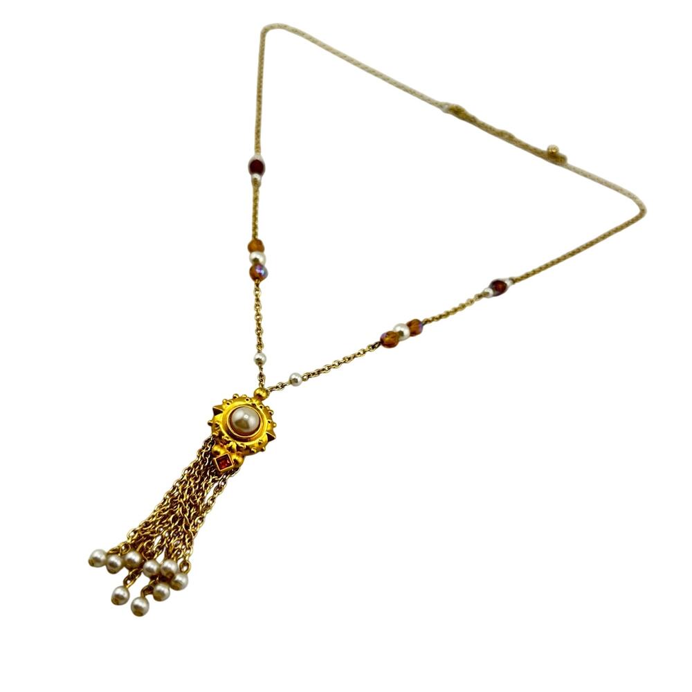 Handmade Vintage Beads Tassel Upcycled Earring Gold Tone Pendant 27" Necklace